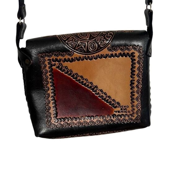 Leather Embossed Floral Western Style Handmade Mexico Crossbody Bag Black Tan - Picture 9 of 10